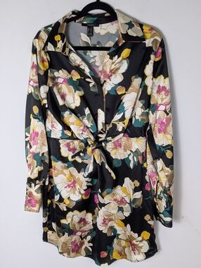 Forever 21 Floral Mini Satin Dress Juniors Size M  Long Sleeve Black Bow Preppy